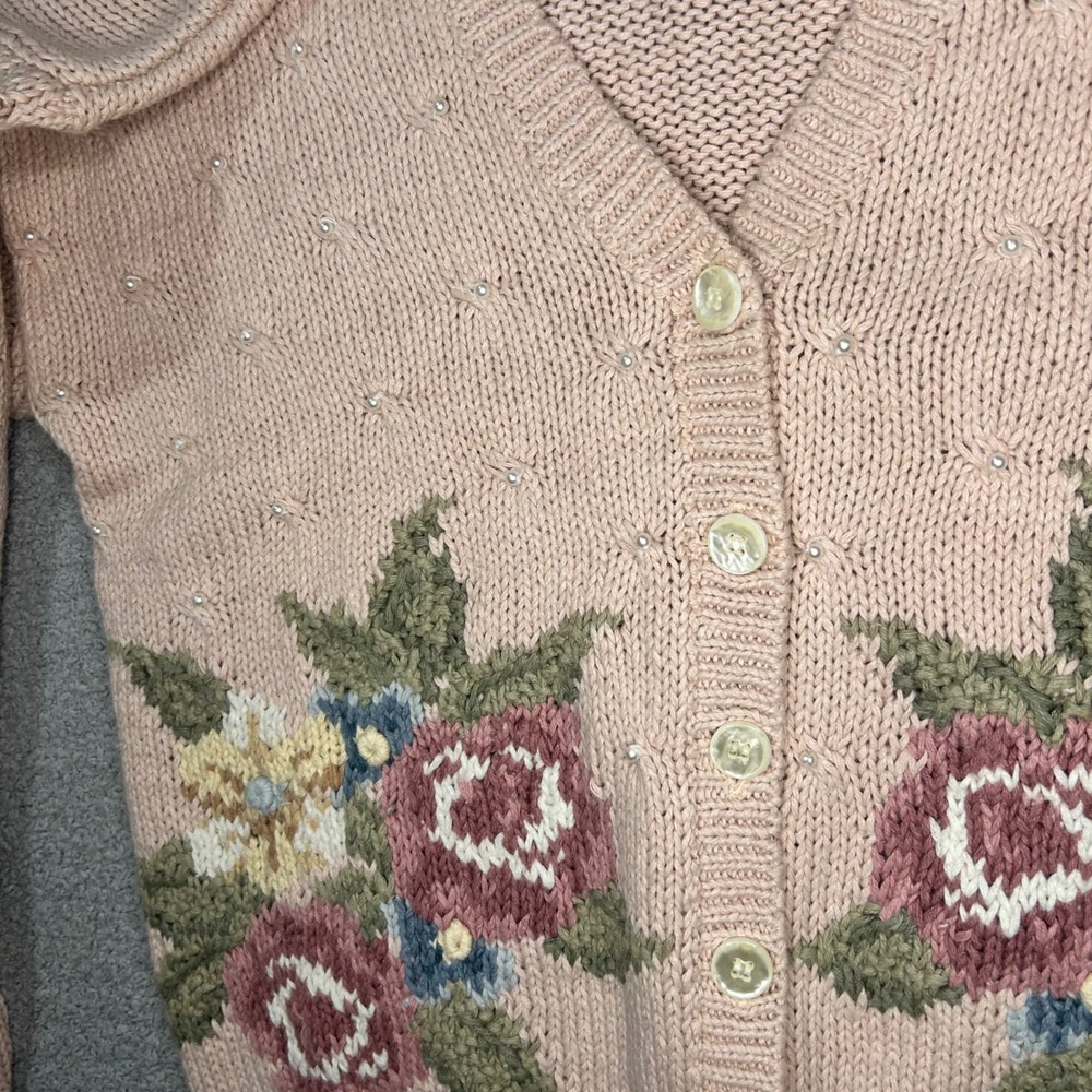 1990s Ashley Cardigan VTG Floral Hand Knit PM Pink Grandmacore Coquette Cottage - Picture 3 of 13